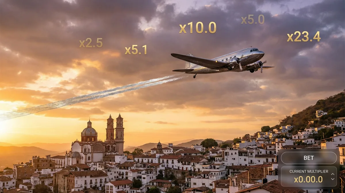 Juego Aviator con avión sobre Taxco México
